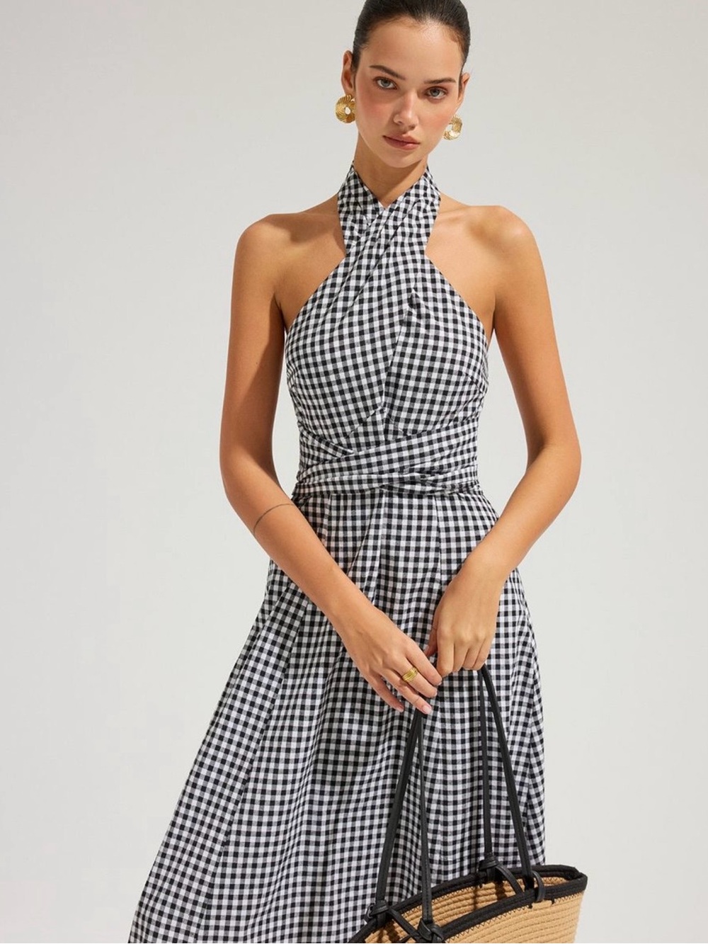 Commense Black & White Gingham Halter Cotten Maxi Dress